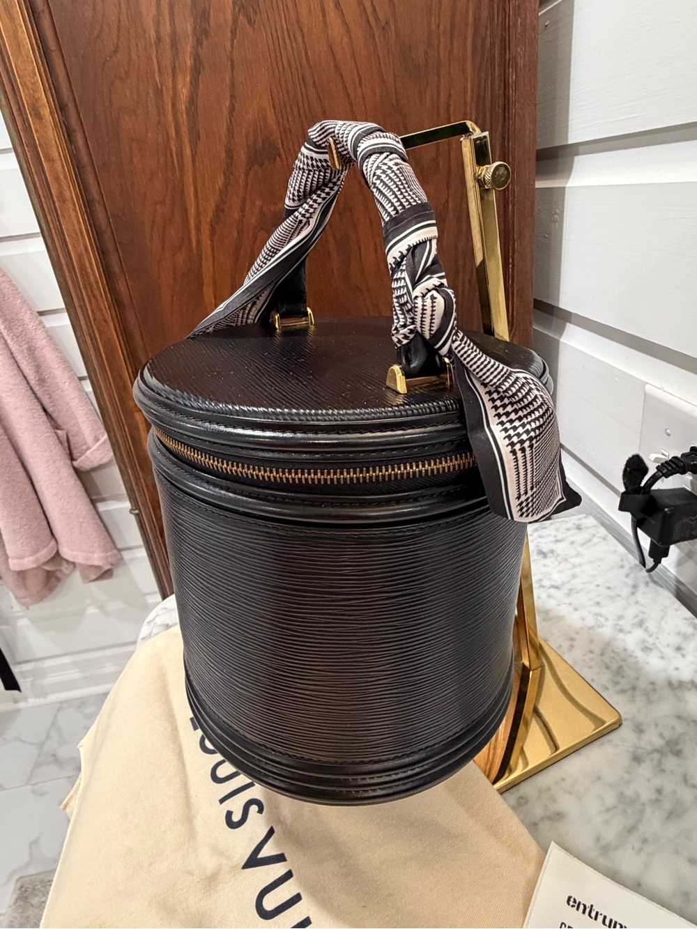 Louis Vuitton Black Epi Leather Cylinder Vanity Bag with Patterned Scarf Handle